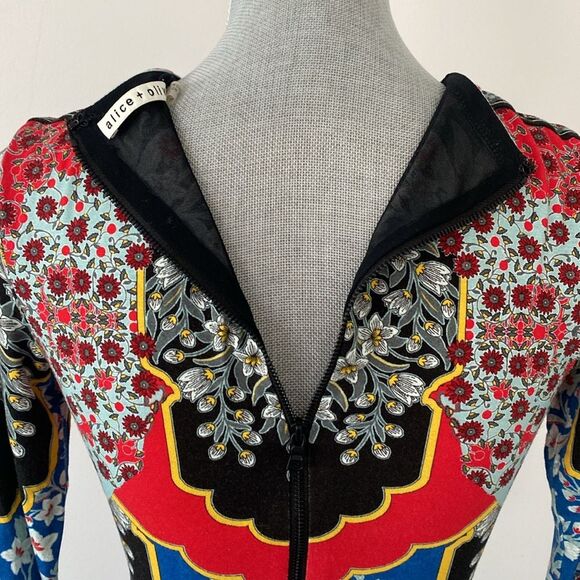 Alice + Olivia FLORAL CREWNECK MIDI DRESS size 2 Stretch Boho Feminine Vacation - Picture 5 of 16